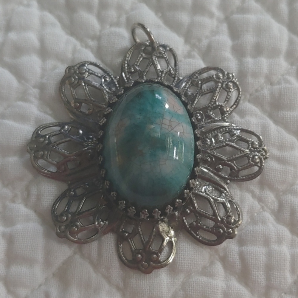 Vintage Silver Tone Pendant with Aqua Stone.